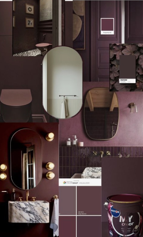 A collage featuring various bathroom design elements in shades of burgundy and purple, including a marble sink, mirrors, paint swatches, and decorative fixtures.